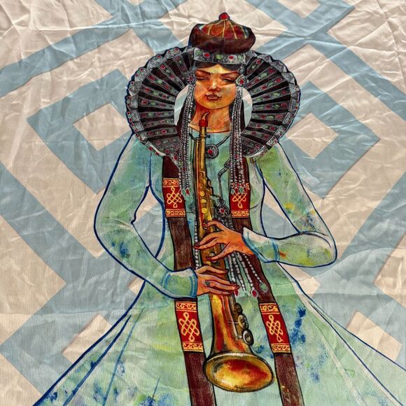 100% Silk Scarf Mongolian Art Print Woman with‎ Instrument Large Square Wrap - Picture 3 of 6